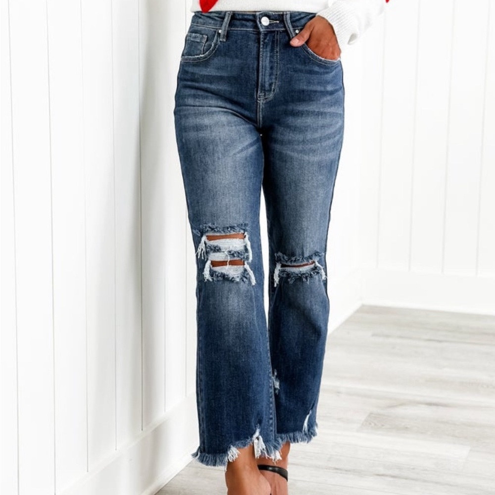 Brand New Risen High Rise Dark Wash Crop Step Chee Jeans